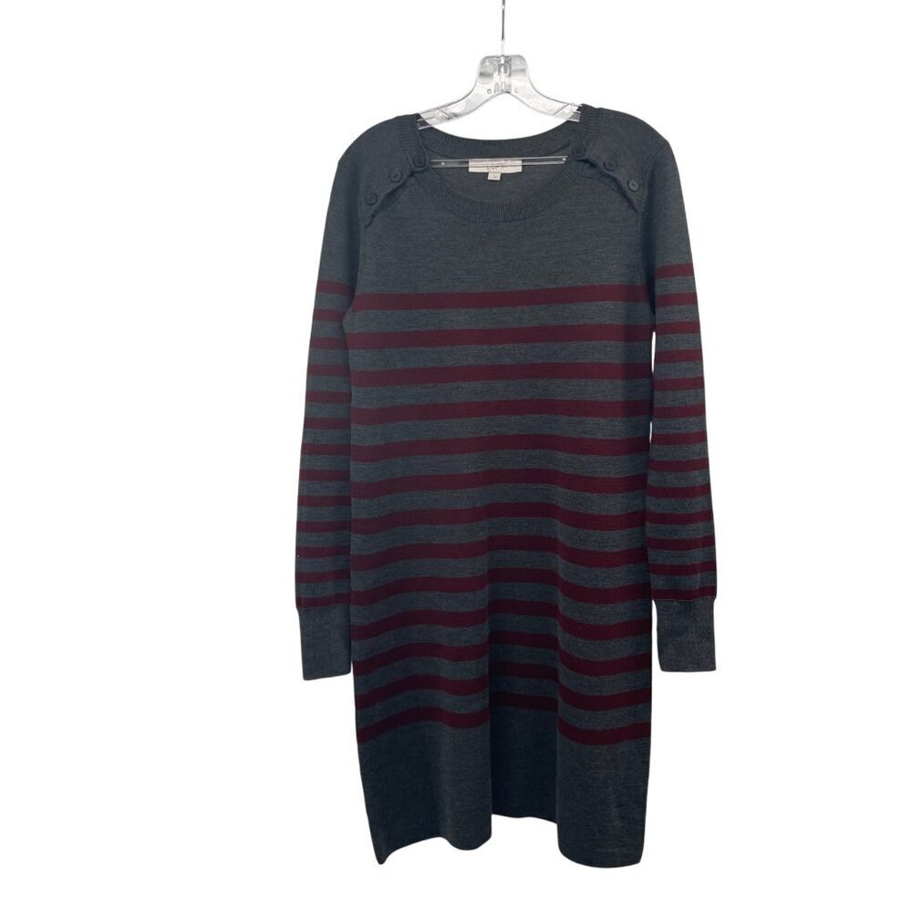 Loft Womens Sweater Dress Long Sleeve Gray/Wine Stripe Size Large Buttons